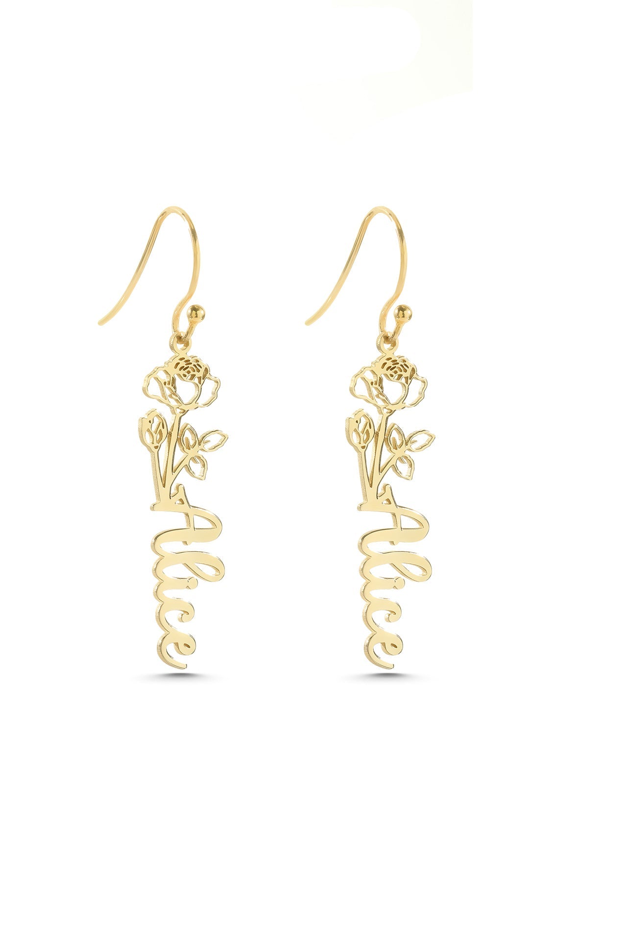 Birth Flower Silver Earrings with Custom Name