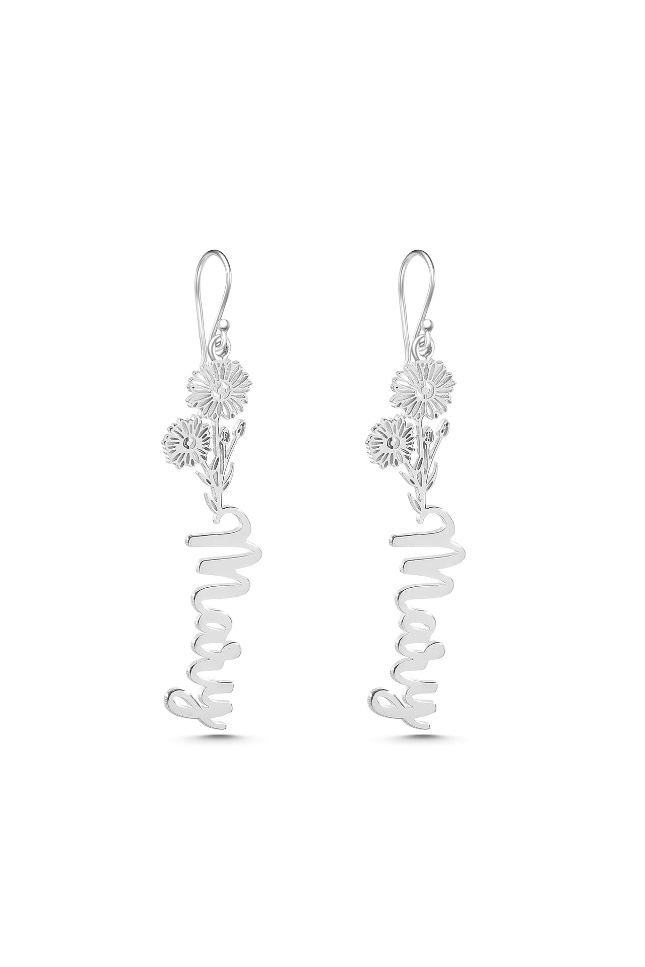 Birth Flower Silver Earrings with Custom Name