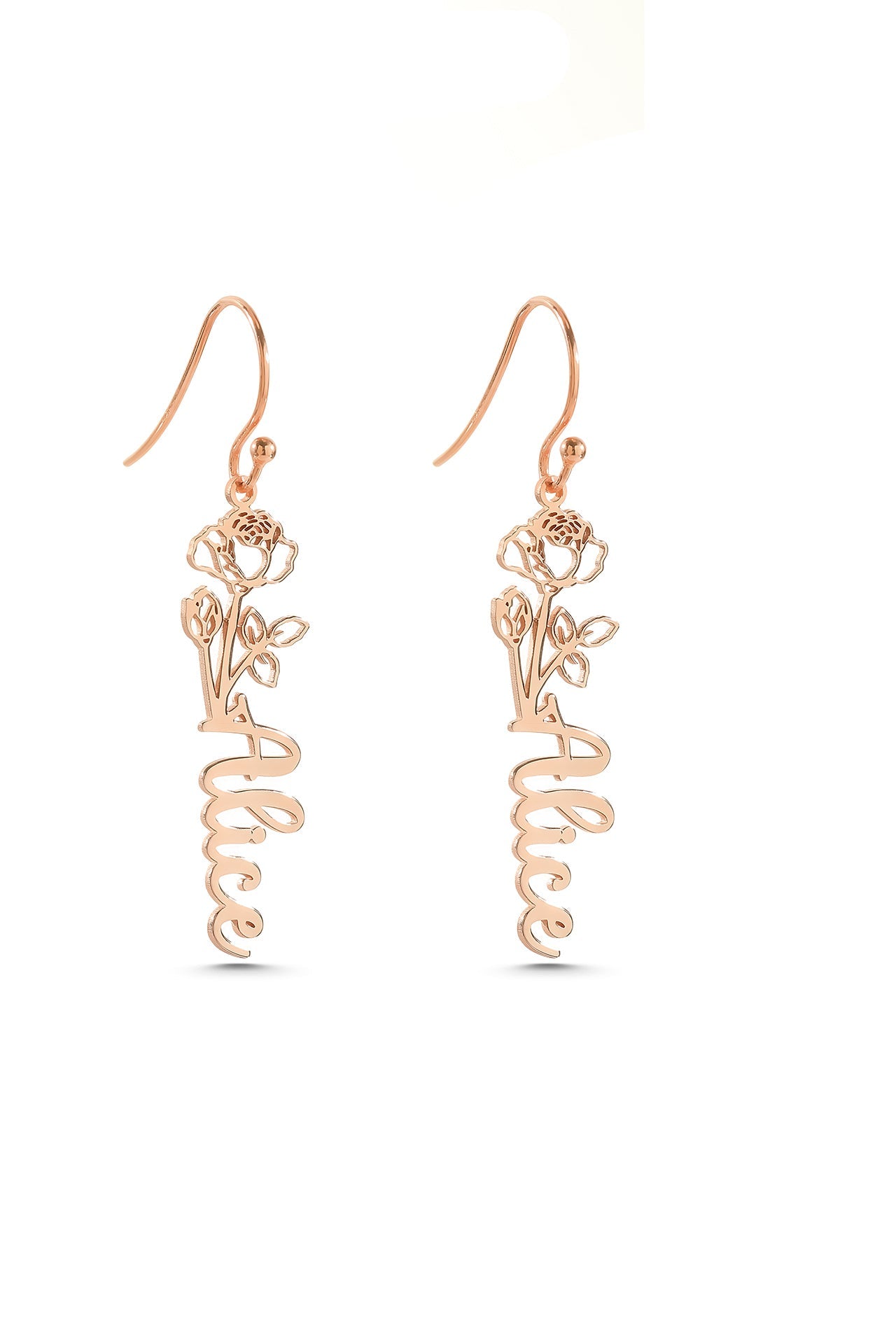 Birth Flower Silver Earrings with Custom Name