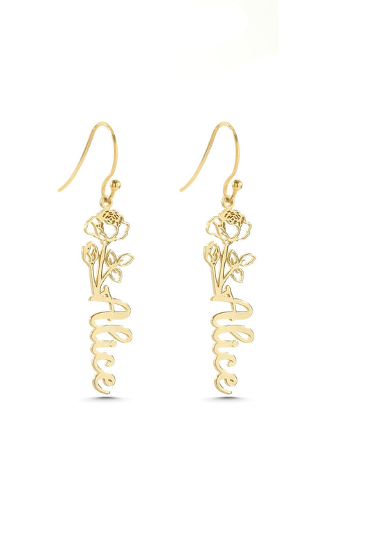 Birth Flower Silver Earrings with Custom Name