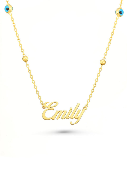 Custom Silver Name Necklace with Evil Eye Charm