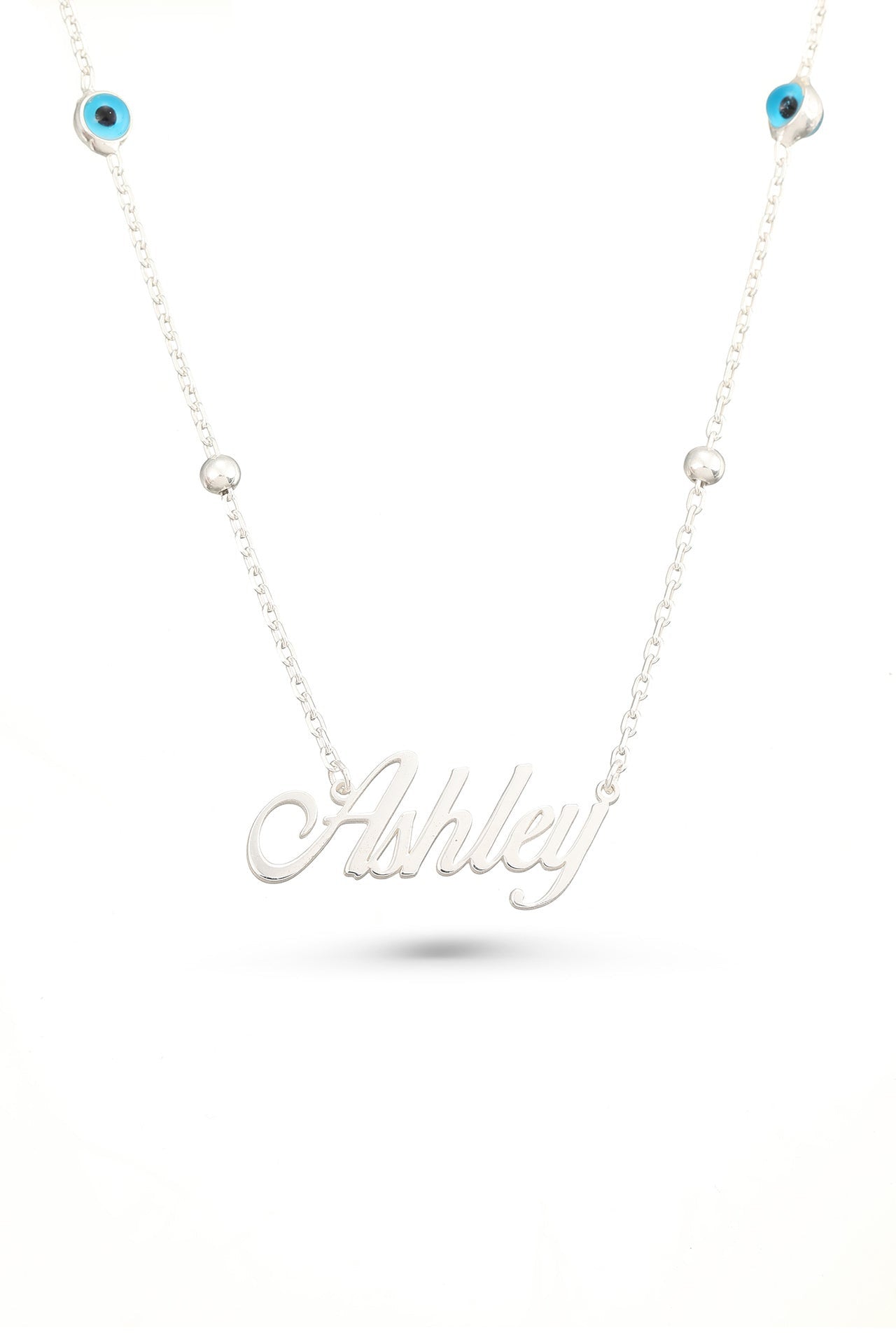 Custom Silver Name Necklace with Evil Eye Charm