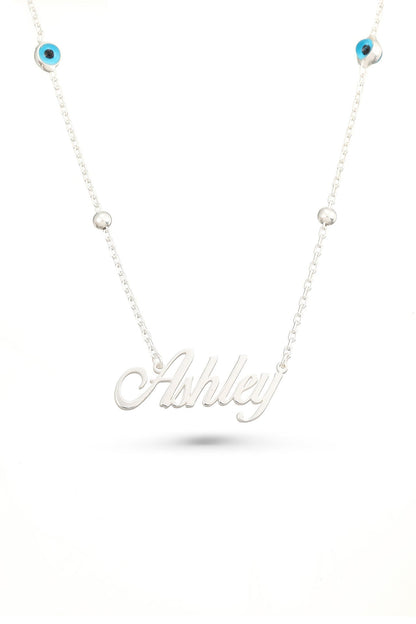 Custom Silver Name Necklace with Evil Eye Charm